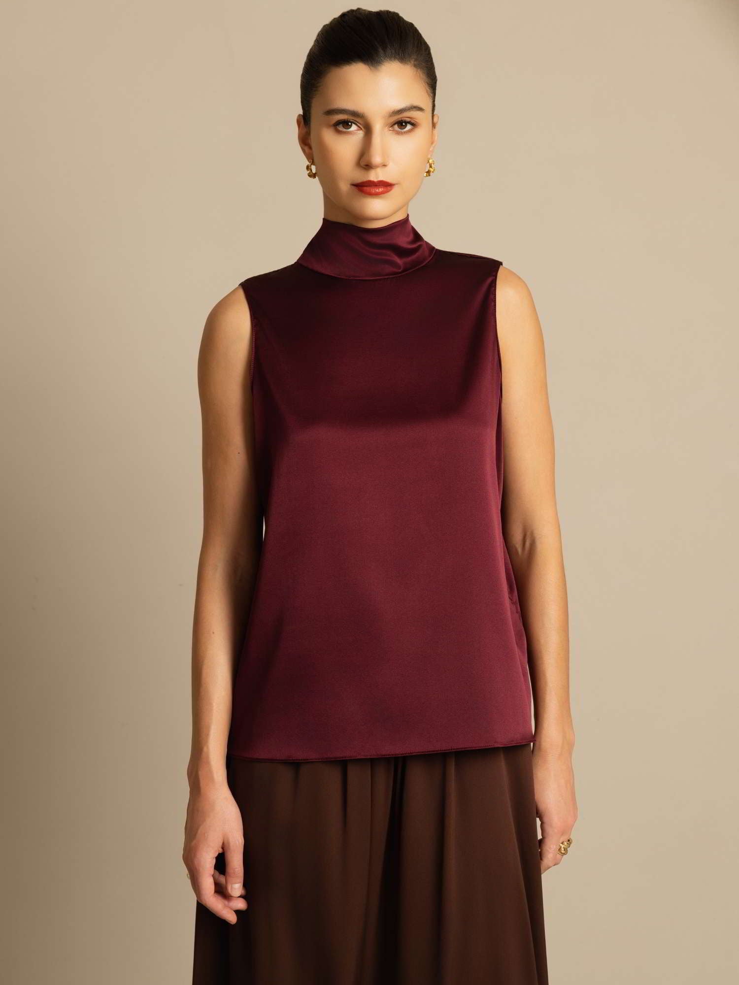 [Tummanpunainen] SilkSilky-FI 19Momme Blouse 003