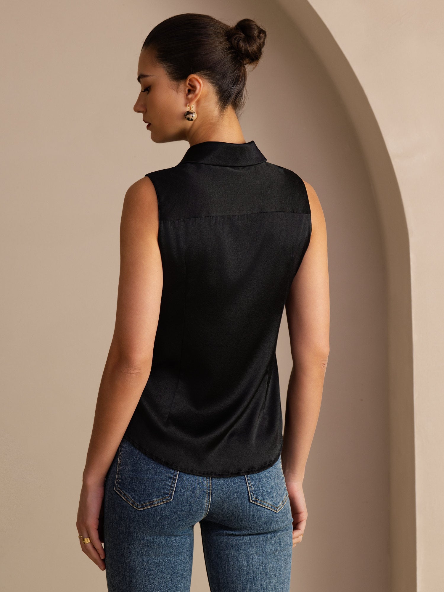 [Musta] SilkSilky-FI Sleeveless Lapel Collar Naisten paita 002