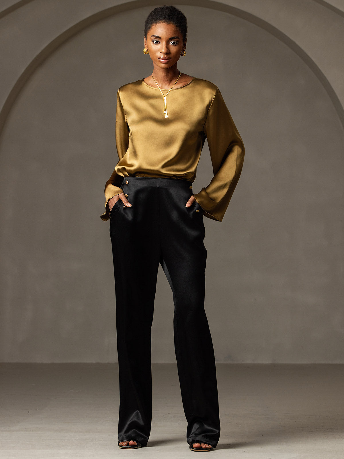 [Ruskea] SilkSilky-FI 19Momme Pitkähihainen Venekaula-aukko Pusero 008