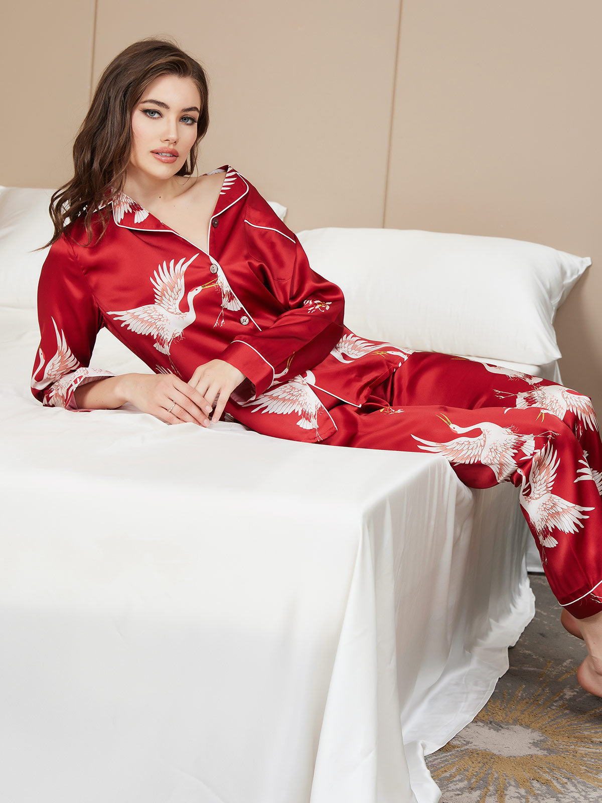 [Tummanpunainen] SilkSilky-FI 19Momme Pure Silk Long Sleeve Lapel Naisten Pyjamat 008