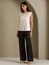 [Beige] SilkSilky-FI Cap Sleeve Round Neck Naisten T-paita 007