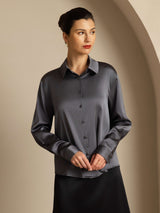 [Tumman Harmaa] SilkSilky-FI Long Sleeve Lapel Collar Naisten paita 007