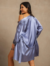 [Teräksensininen] SilkSilky-FI 3/4 Sleeve V Neck Yöpaita ja Aamutakkisetti 002