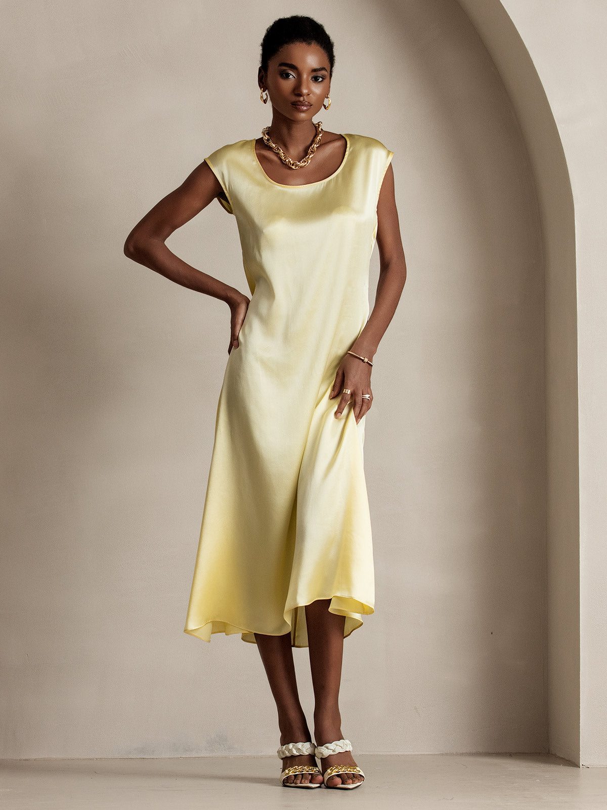 [Vaaleankeltainen] SilkSilky-FI 19Momme Dress 003