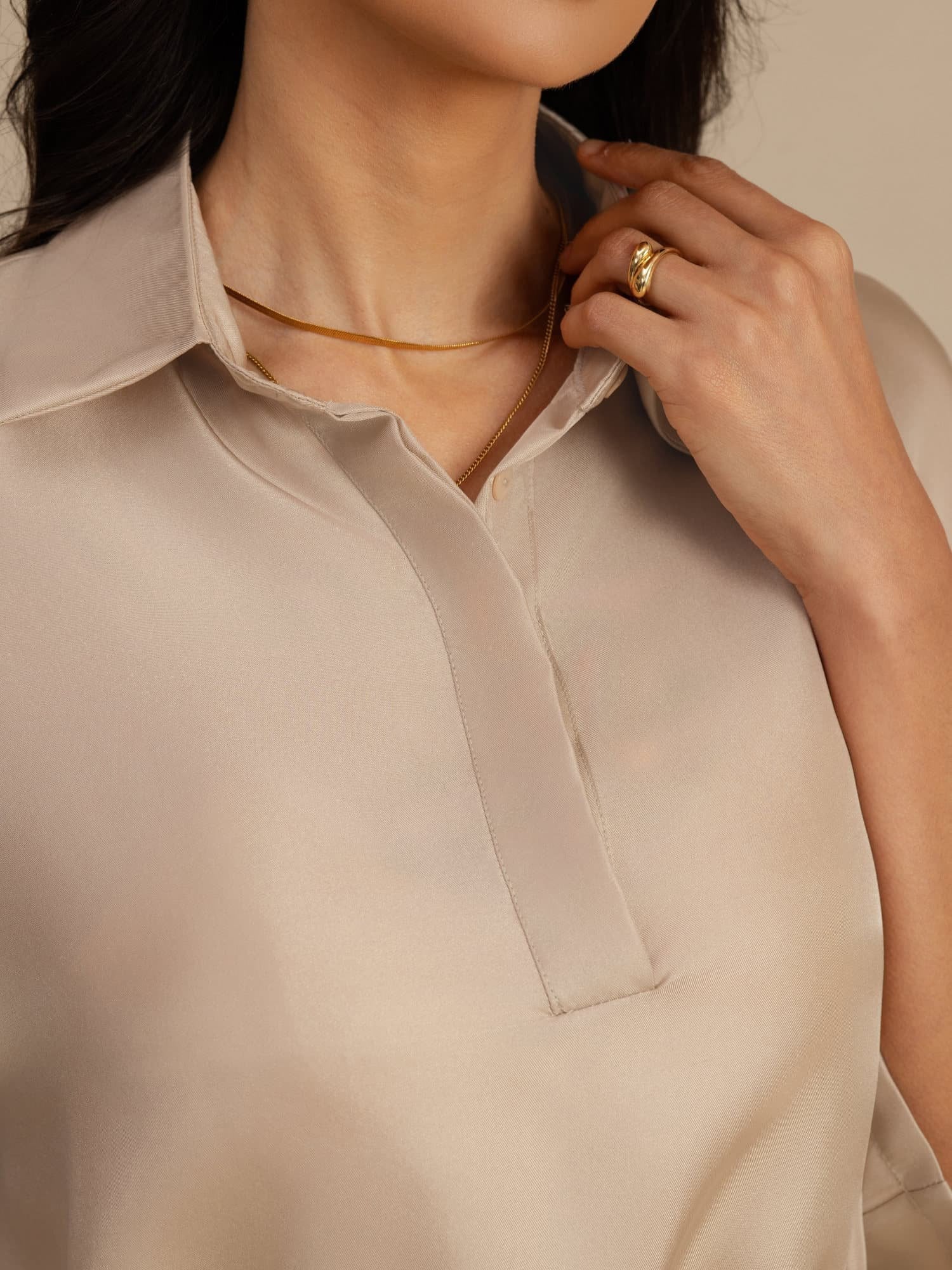 [Tan] SilkSilky-FI 18Momme Puolihiha Kauluskäänne Pusero 004