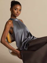 [Tumman Harmaa] SilkSilky-FI Sleeveless Halterneck Naisten T-paita 006