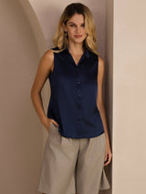 [Tummansininen] SilkSilky-FI Sleeveless Lapel Collar Naisten paita 001
