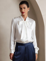 [Valkoinen] SilkSilky-FI Long Sleeve Tie Neck Naisten Puserot 001