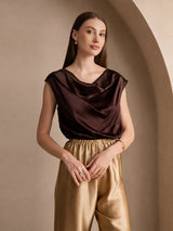 [Tumma Suklaa] SilkSilky-FI Cap Sleeve Cowl Neck Naisten T-paita 001