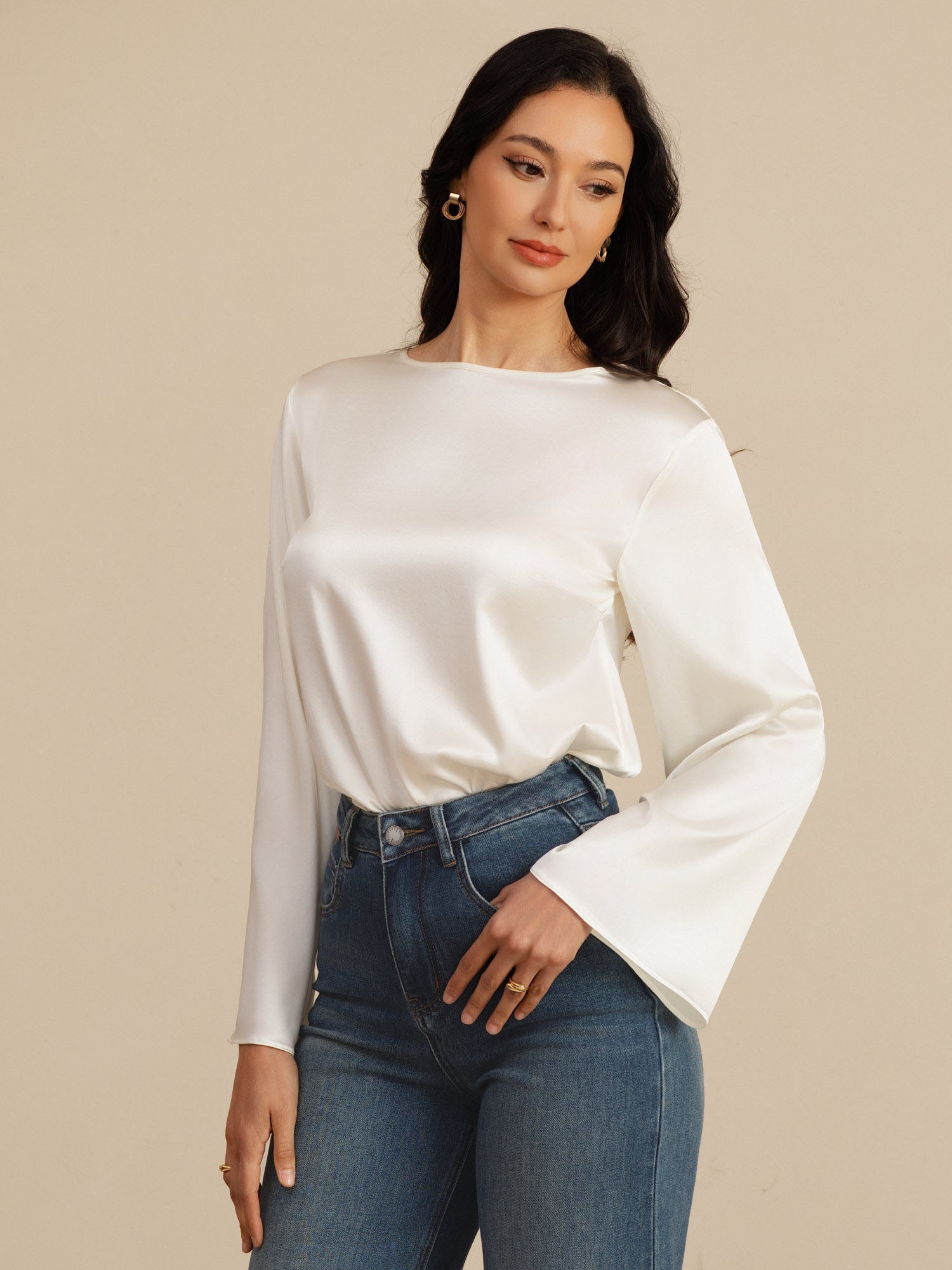 [Valkoinen] SilkSilky-FI 19Momme Pitkähihainen Venekaula-aukko Pusero 005