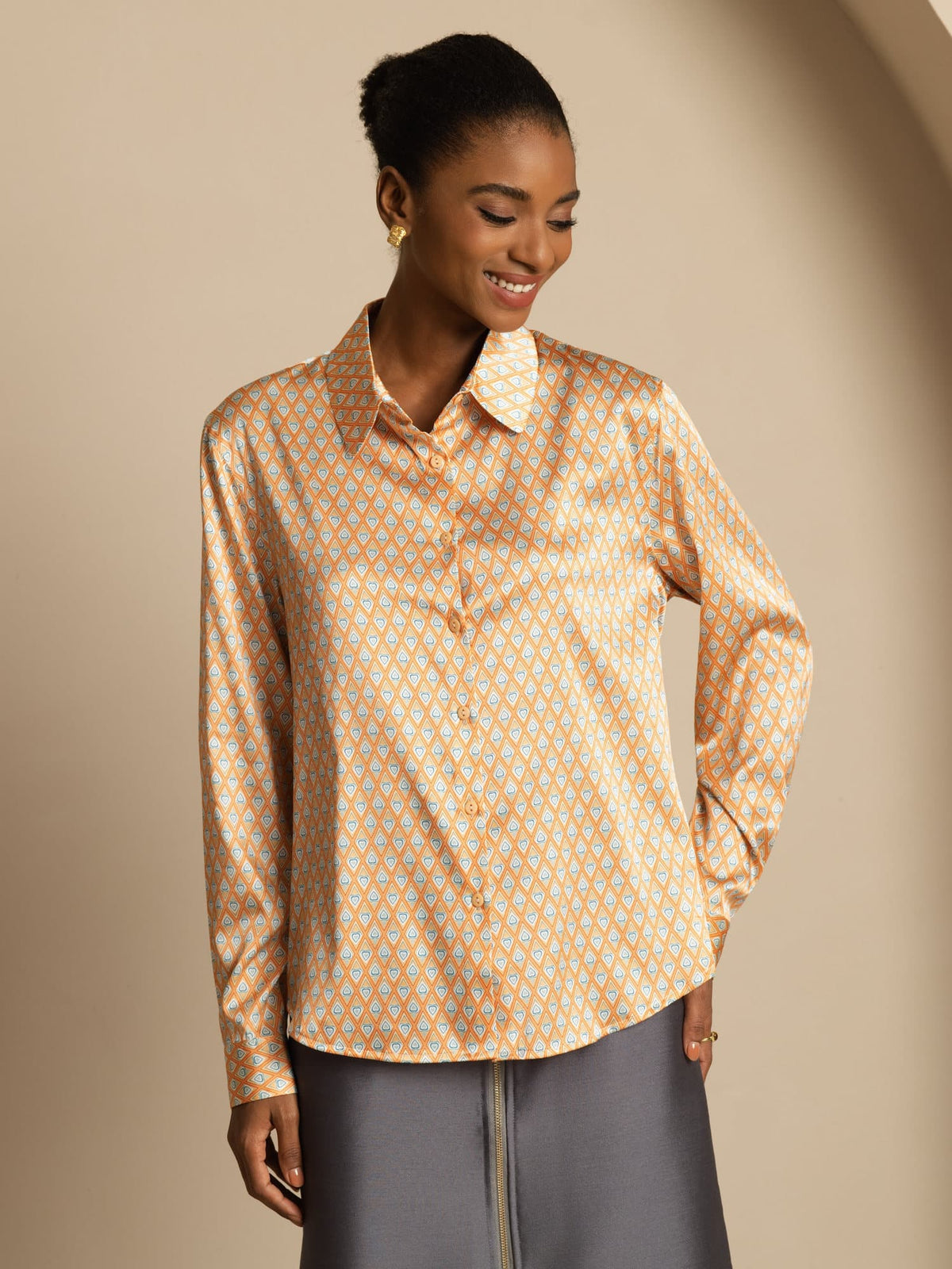 [Kukka] SilkSilky-FI Long Sleeve Lapel Collar Naisten paita 001