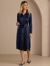 [Tummansininen] SilkSilky-FI Long Sleeve Lapel Collar Mekko 007