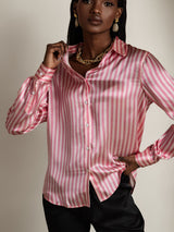 [Rosa Raita] SilkSilky-FI Long Sleeve Lapel Collar Naisten paita 003