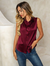 [Tummanpunainen] SilkSilky-FI Sleeveless Lapel Collar Naisten paita 005