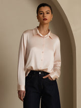 [Vaalea Pinkki] SilkSilky-FI Long Sleeve Lapel Collar Naisten paita 007