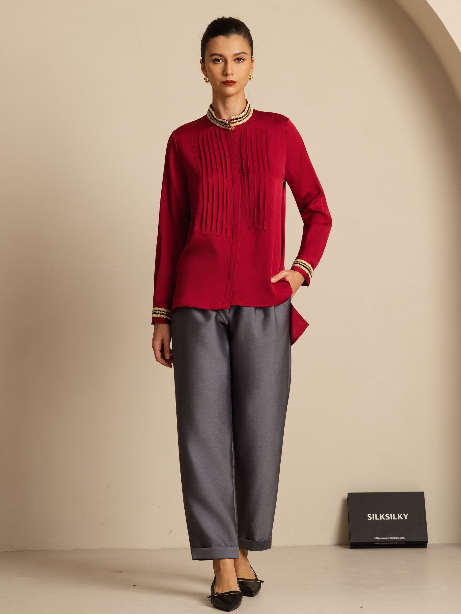 [Viini] SilkSilky-FI 19Momme Silkki Pitkähihainen Pystykaulus Pusero 007