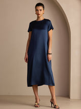 [Tummansininen] SilkSilky-FI Short Sleeve Round Neck Mekko 001