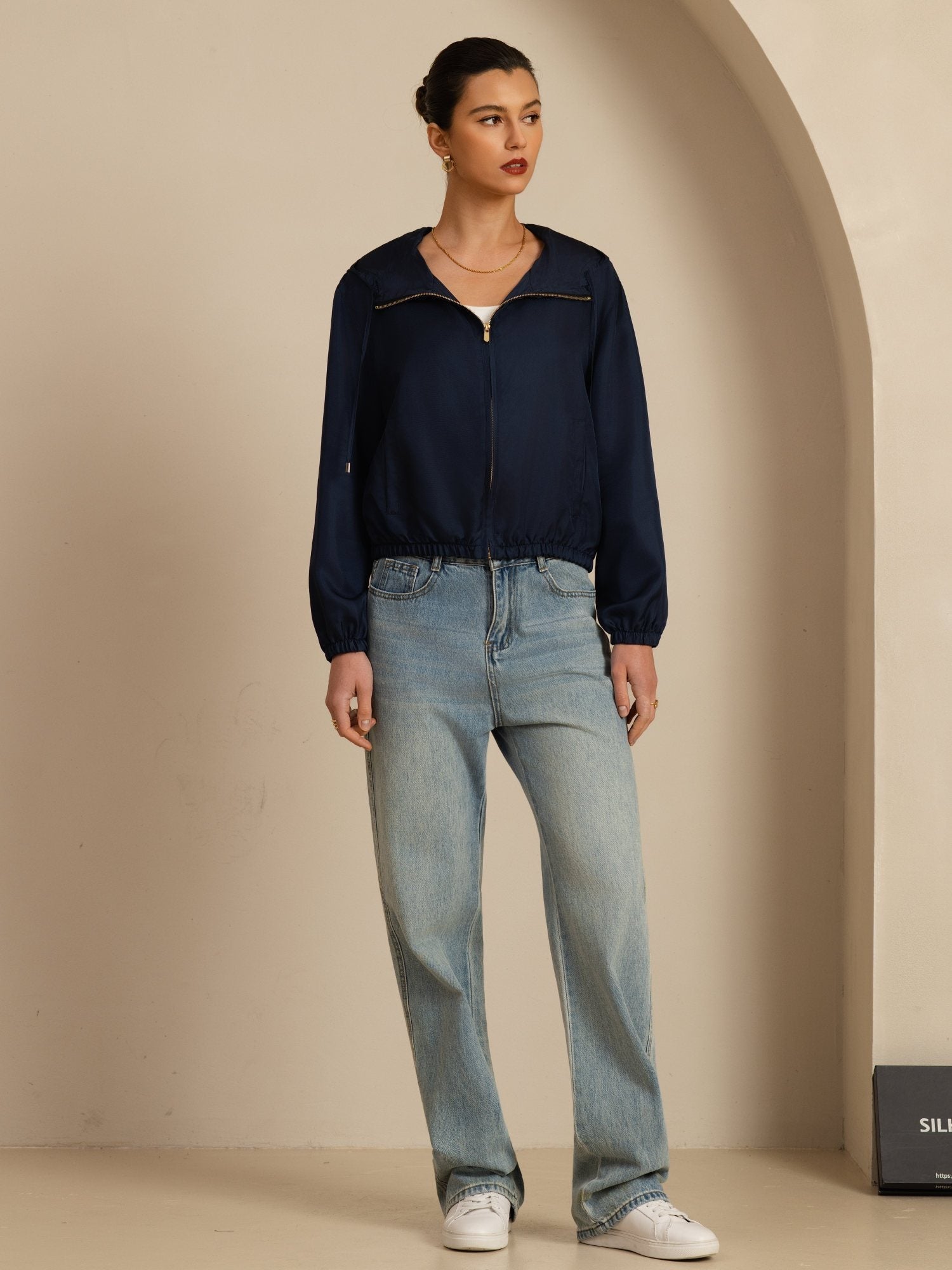 [Tummansininen] SilkSilky-FI 18Momme Pitkähihainen Pystykaulus Naisten Päällysvaatteet 006