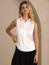 [Valkoinen] SilkSilky-FI Sleeveless Lapel Collar Naisten paita 003