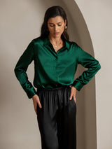 [Tummanvihreä] SilkSilky-FI Long Sleeve Lapel Collar Naisten paita 003