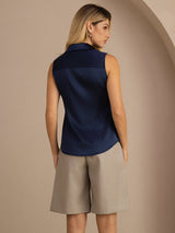 [Tummansininen] SilkSilky-FI Sleeveless Lapel Collar Naisten paita 002