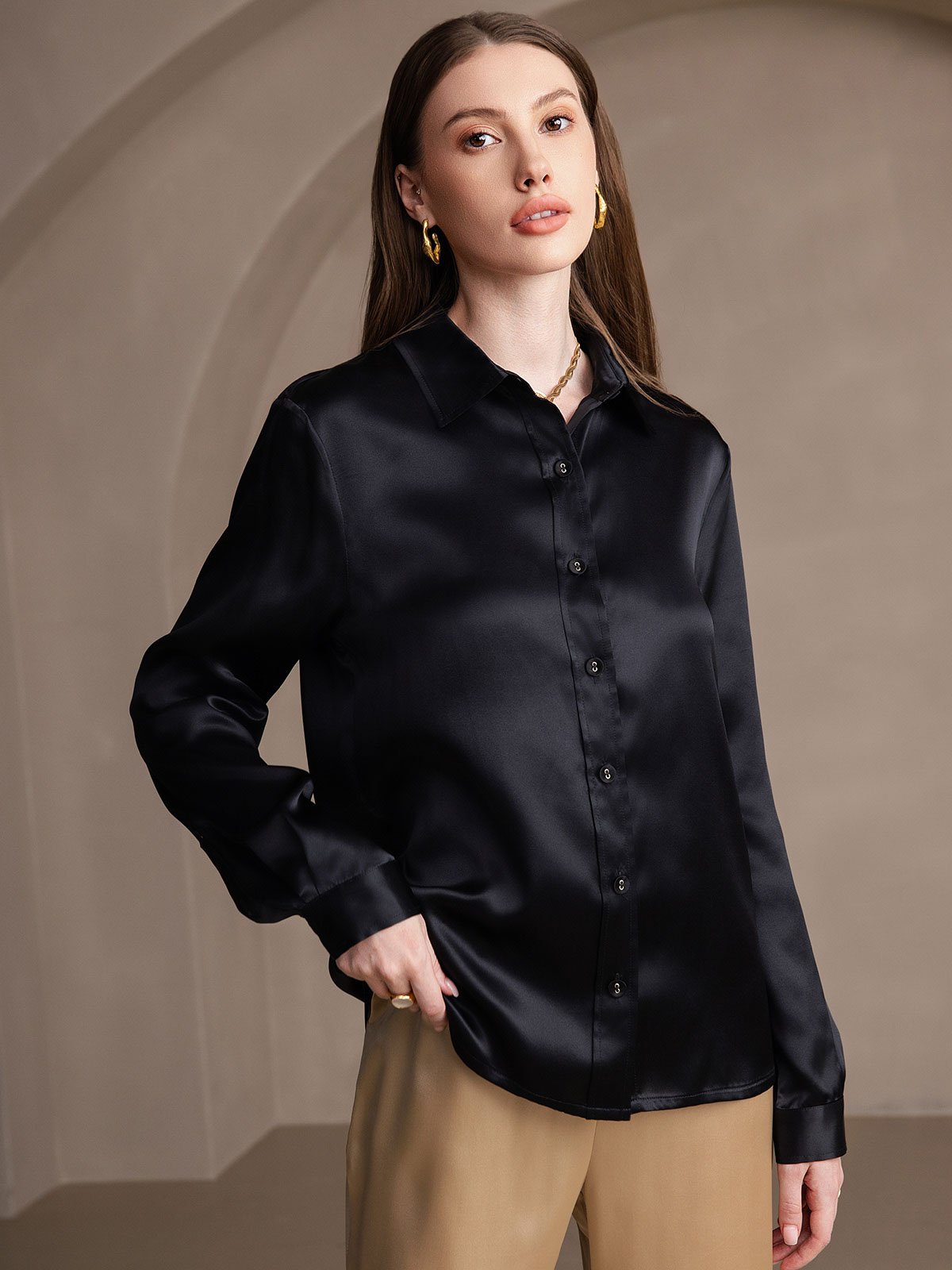 [Musta] SilkSilky-FI 19Momme Silk Long Sleeve Collar Naisten paita 003