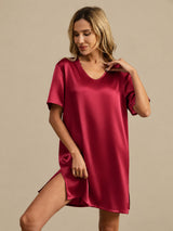 [Tummanpunainen] SilkSilky-FI Half Sleeve V Neck Yöpaita 004