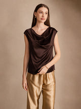 [Tumma Suklaa] SilkSilky-FI Cap Sleeve Cowl Neck Naisten T-paita 003