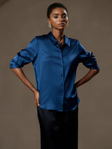 [Sinivihreä] SilkSilky-FI Long Sleeve Lapel Collar Naisten paita 004