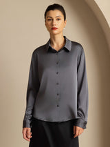 [Tumman Harmaa] SilkSilky-FI Long Sleeve Lapel Collar Naisten paita 003
