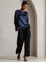 [Tummansininen] SilkSilky-FI Long Sleeve Boat Neck Pusero 004