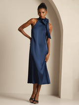 [Tummansininen] SilkSilky-FI Sleeveless Tie Neck Mekko 008