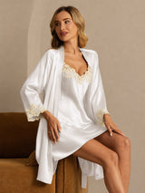 [Valkoinen] SilkSilky-FI 3/4 Sleeve V Neck Yöpaita ja Aamutakkisetti 004