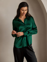 [Tummanvihreä] SilkSilky-FI Long Sleeve Lapel Collar Naisten paita 004