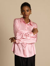 [Rosa Raita] SilkSilky-FI Long Sleeve Lapel Collar Naisten paita 005
