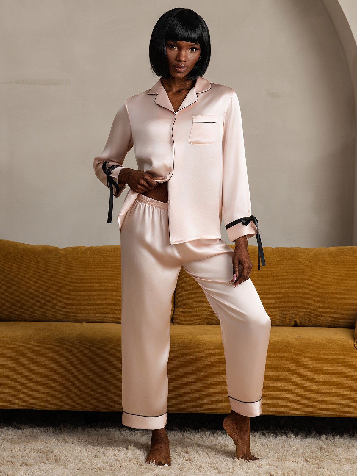 [Pinkki] SilkSilky-FI Pure Silk Long Sleeve Lapel Naisten Pyjamat 005
