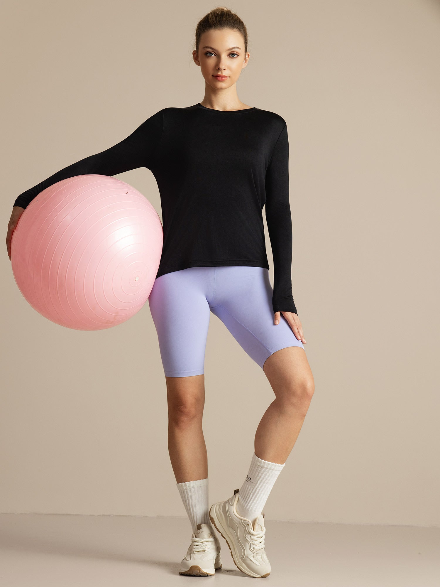 [Musta] SilkSilky-FI Pitkähihainen Tiukka Crew Neck Naisten T-paita 008