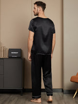 [Musta] SilkSilky-FI Pure Silk Short Sleeve Round Neck Miesten Pyjamat 002