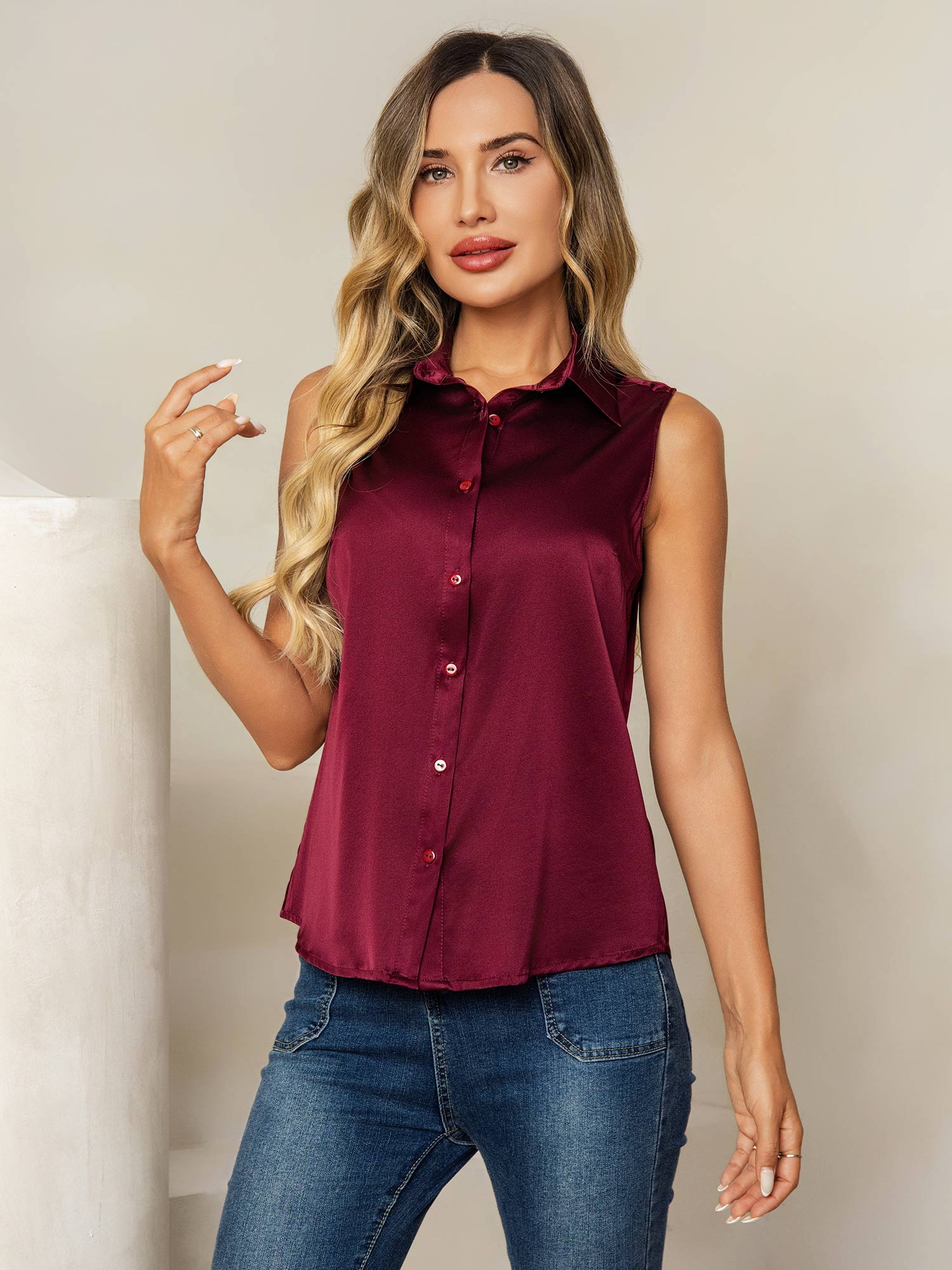 [Tummanpunainen] SilkSilky-FI 19Momme Lapel Collar Naisten paita 001