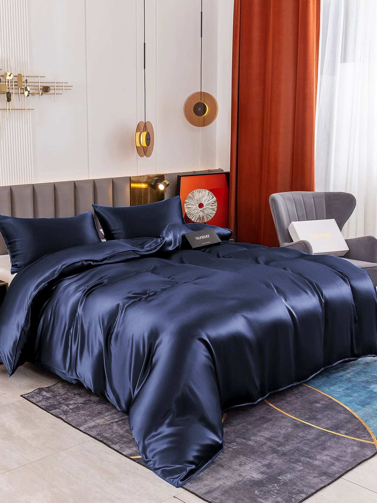 [Tummansininen] SilkSilky-FI 19Momme Bedding Set 001