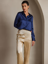 [Tummansininen] SilkSilky-FI Long Sleeve Lapel Collar Naisten paita 001