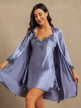 [Teräksensininen] SilkSilky-FI 3/4 Sleeve V Neck Yöpaita ja Aamutakkisetti 001