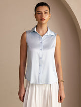 [Vaaleansininen] SilkSilky-FI Sleeveless Lapel Collar Naisten paita 001