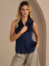 [Tummansininen] SilkSilky-FI Sleeveless Lapel Collar Naisten paita 005