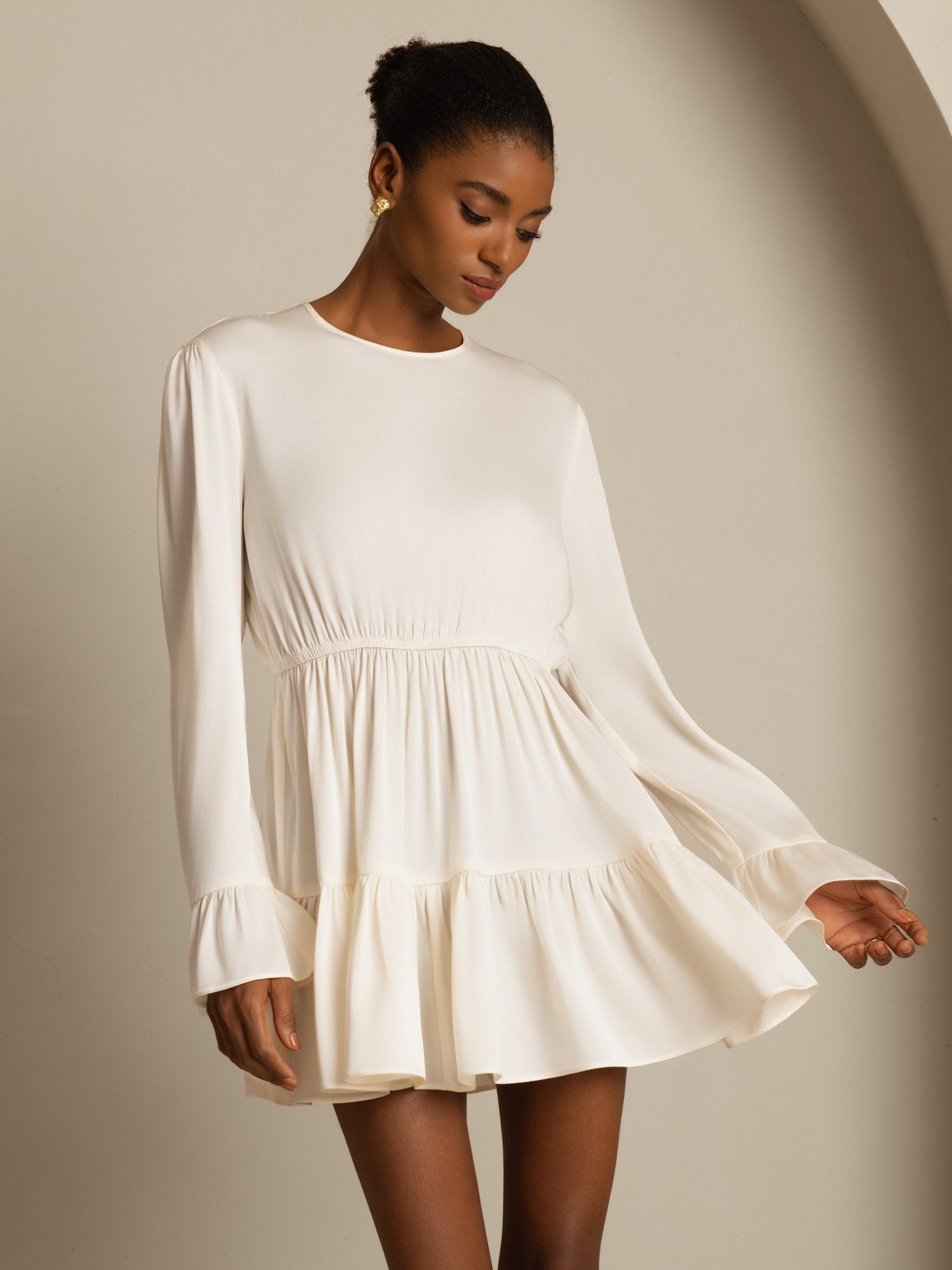 [Merenhelmi] SilkSilky-FI 19Momme Silkki Pitkähihainen Pyöreä Pääntie Mekko 005