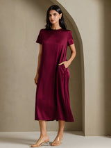 [Tummanpunainen] SilkSilky-FI Short Sleeve Crew Neck Mekko 003