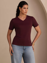 [Viini] SilkSilky-FI Short Sleeve V Neck Naisten T-paita 001