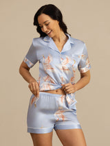 [Vaaleansininen] SilkSilky-FI Short Sleeve Notkokaulus Naisten Pyjamat 004
