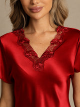 [Tummanpunainen] SilkSilky-FI Short Sleeve V Neck Yöpaita 004