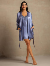 [Teräksensininen] SilkSilky-FI 3/4 Sleeve V Neck Yöpaita ja Aamutakkisetti 008